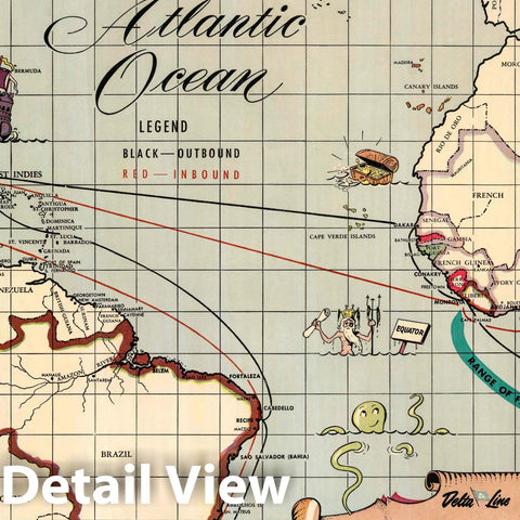 Historic Map : Delta Line Track Chart Atlantic Ocean, 1950 Pictorial Map - Vintage Wall Art