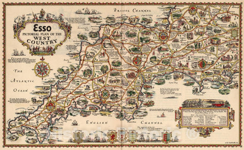 Historic Map : 1932 National Atlas - Esso Pictorial Plan of The West Country. - Vintage Wall Art