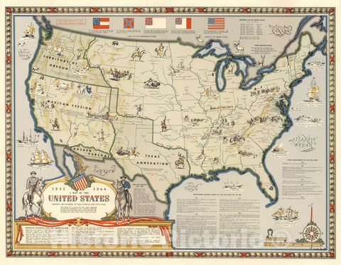 Historic Map : Map of The United States Showing Boundaries, 1845-1866, 1959 Pictorial Map - Vintage Wall Art