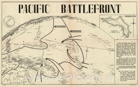 Historic Map : 1944 Pictorial Map - Pacific Battlefront. (Inset) Kawajalien Atoll. - Vintage Wall Art