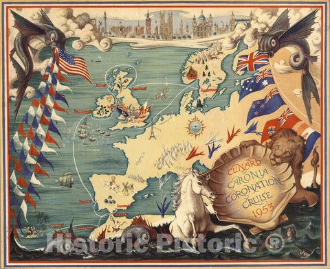 Historic Map : Cunard Caronia Coronation Cruise 1953, 1953 Pictorial Map - Vintage Wall Art