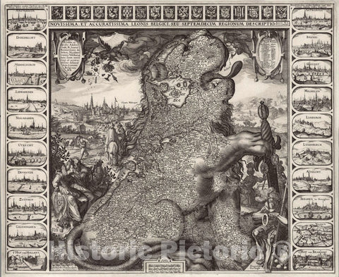 Historic Map : Belgium, Novissima, et Accuratissima Leonis Belgici, Seu Septemdecim Regionum Descriptio, 1611 Pictorial Map , Vintage Wall Art