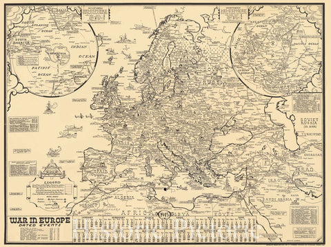 Historic Map : War in Europe. Dated Events, 1944 Pictorial Map - Vintage Wall Art