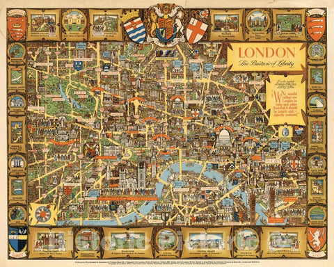 Historic Map : London, The Bastion of Liberty, 1951 Pictorial Map - Vintage Wall Art