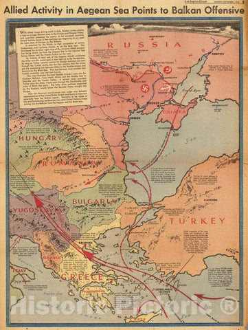 Historic Wall Map : Allied Activity in Aegean Sea Points to Balkan Offensive, 1943 Pictorial Map - Vintage Wall Art
