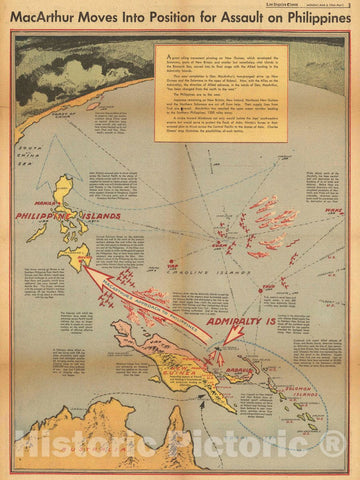 Historic Map : MacArthur Moves into Position for Assault on Philippines, 1944 Pictorial Map - Vintage Wall Art