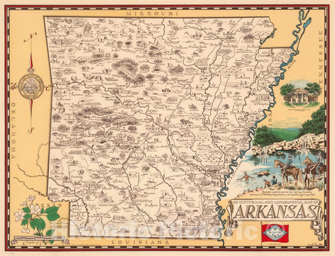 Historic Map : an Historical and Geographical map of Arkansas, 1938 Pictorial Map - Vintage Wall Art