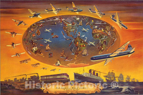 Historic Wall Map : The Progress of Transportation Pan American World Airways The System, 1946 Pictorial Map - Vintage Wall Art