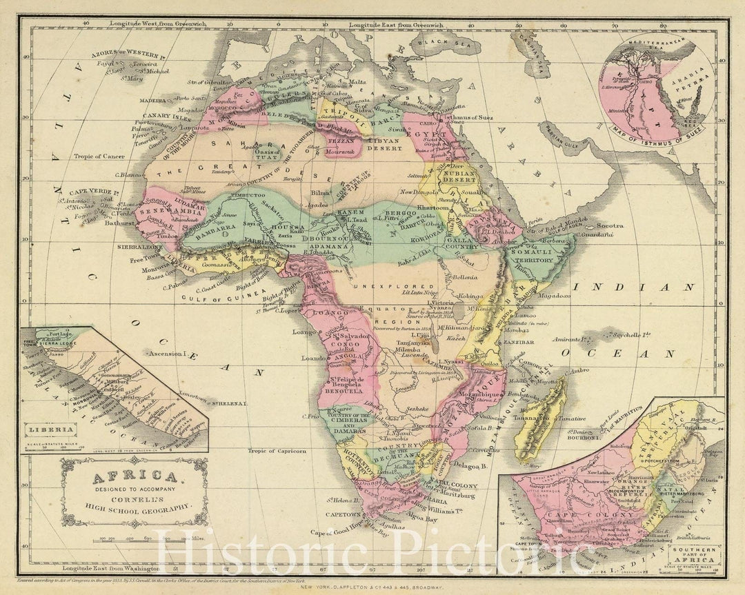 Historic Map : Africa. Isthmus of Suez, Liberia, Southern part of Africa, 1864 Atlas - Vintage Wall Art