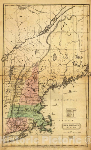Historic Map : 1830 School Atlas - New England States. Entered 12th Day of August 1830 by H. & F.J. Huntington Connecticut. - Vintage Wall Art