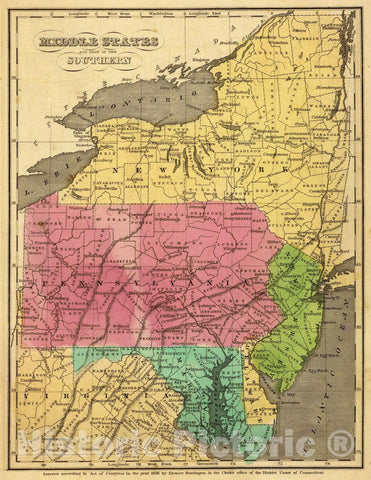 Historic Map : Middle States and Part of The Southern. Entered 1836, by Eleazer Huntington Connecticut, 1836 Atlas - Vintage Wall Art