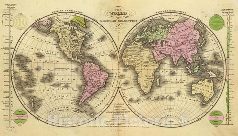 Historic Map : The World on a globular Projection. Entered 1829 by D.F. Robinson & Co. of The State of Connecticut. Engd. by E. Huntington, 1829 - Vintage Wall Art