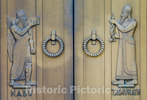 Photo- Exterior View. Door Detail, East Entrance. Nabuh and Tahmurath, Sculpted Bronze Figures by Lee Lawrie. Library of Congress John Adams Building, Washington, D.C.
