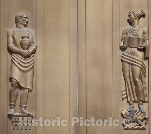 Photo- Exterior View. South Doors (Independence Avenue) with a Sculpted Bronze Male Figure Representing Physical Labor and a Female Figure Representing Intellectual Labor