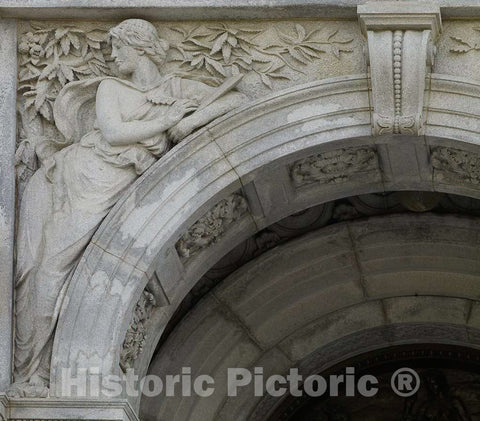 Photo- Exterior View, Entrance Porch. Granite Sculpture with Female Figure Representing The Composition Aspect of Literature (Writing on a Tablet), by Bela Lyon Pratt 1