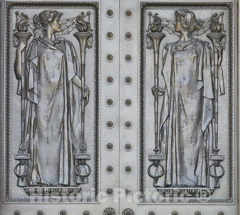 Photo- Exterior View. Detail of Central Main Entrance Door, The Art of Printing, with Women Representing The Humanities (Left) and Intellect (Right), by Frederick Macmonnies