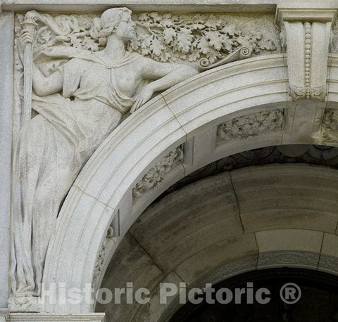 Photo- Exterior View, Entrance Porch. Granite Sculpture with Female Figure Representing The Composition Aspect of Literature (Writing on a Tablet), by Bela Lyon Pratt 2