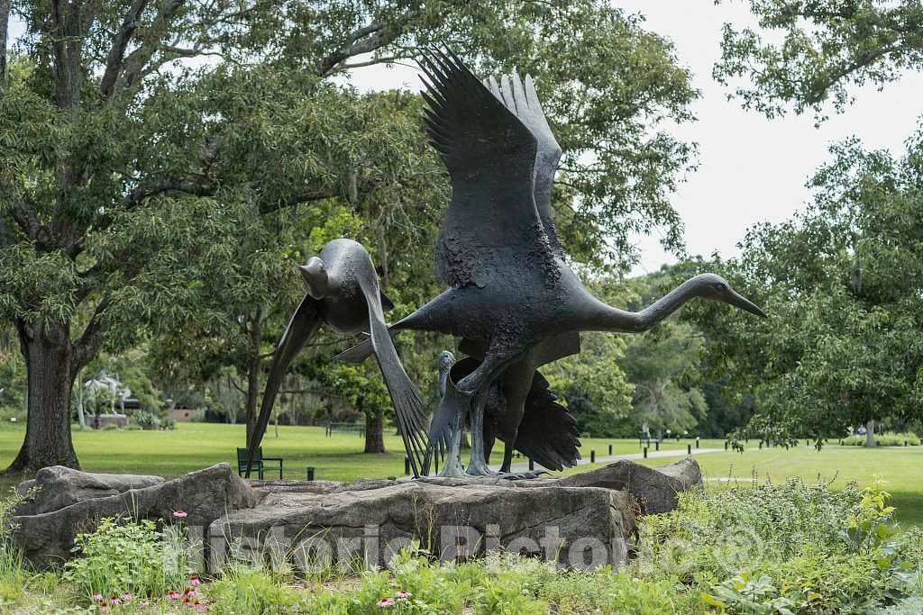 Photograph- Elliot Offner's 1992 bronze sculpture,"Heron, Grouse, and Loon," at Brookgreen Gardens, a vast complex of sculpture gardens, ecosystem trails, a wildlife preserve and a small zoo