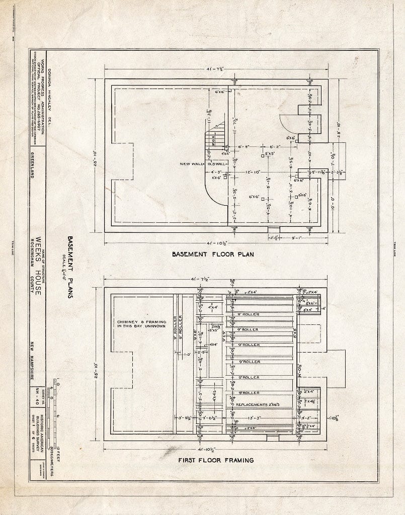 Historic Pictoric : Blueprint 1. Basement Floor Plan and First Floor framing - Weeks House, Greenland, Rockingham County, NH