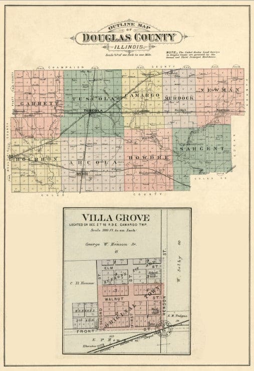 Outline Map of Douglas County Illinois with Villa Grove Inset