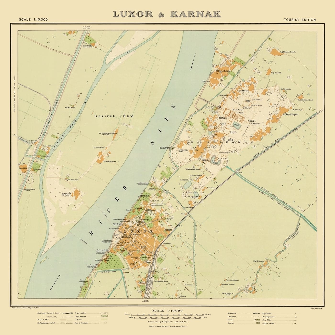 Map : Luxor & Karnak, Egypt 1922, Luxor & Karnak, Antique Vintage Reproduction