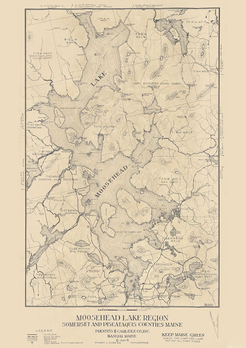 Historic Map : Moosehead Lake Region, Somerset and Piscataquis Counties, Maine, 1962 , Vintage Wall Art