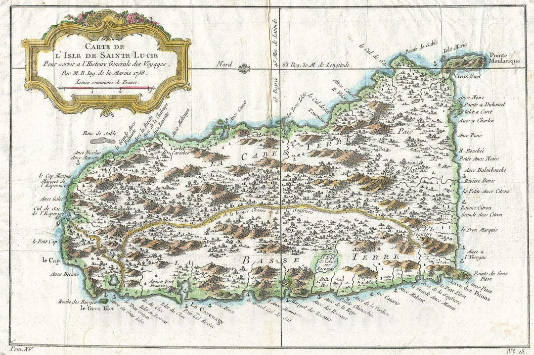 Historic Map : Bellin Map of St. Lucia (St. Lucie), in The West Indies, 1758, Vintage Wall Art