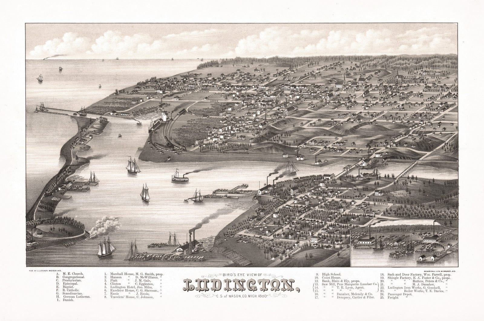 Wall Map: Bird's Eye View of Ludington Michigan, 1880