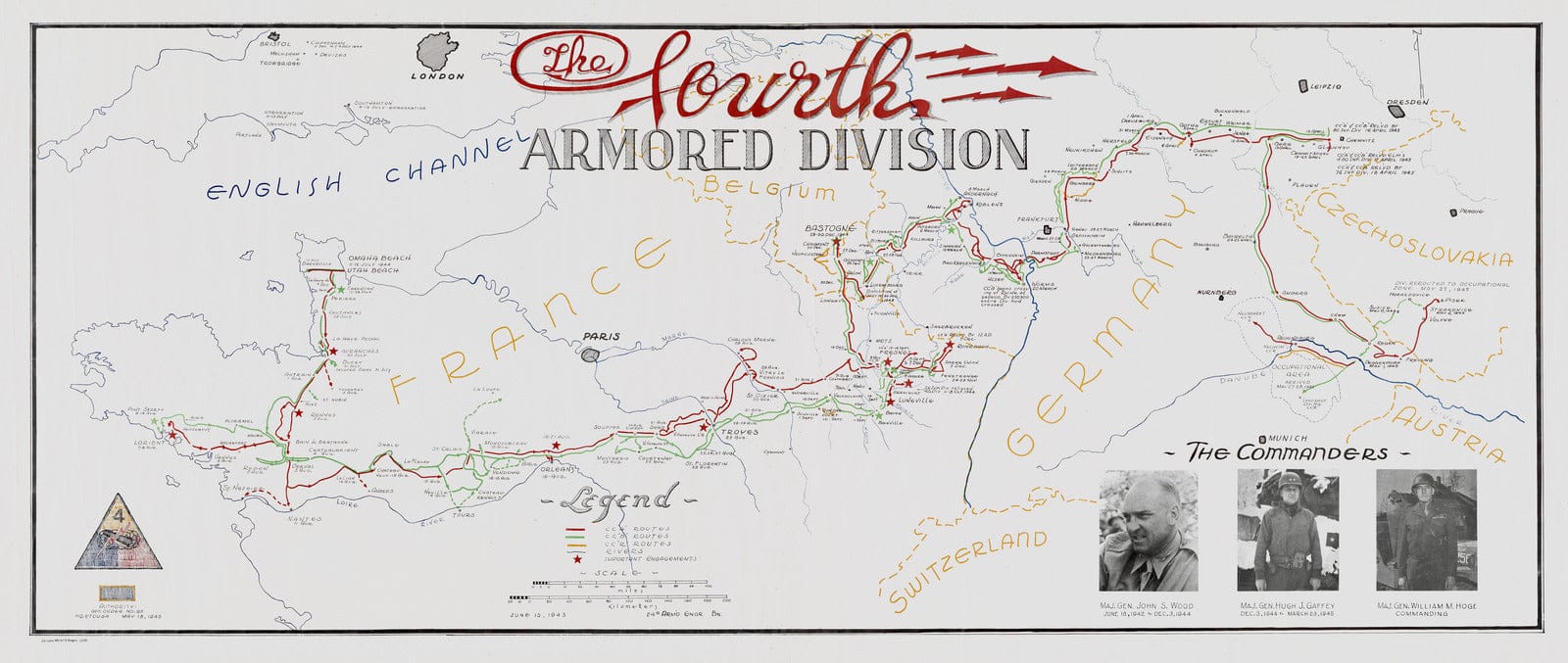 WW2 Wall Map: The Fourth Armored Division, west and east combined, 1945