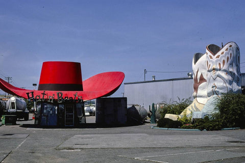 Historic Photo : 1980 Hat n' Boots gas station, overall view, Route 99, Seattle, Washington. | Margolies | Roadside America Collection | Vintage Wall Art :