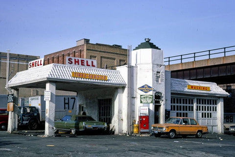Historic Photo : 1977 Shell gas station, 10th Avenue & 20th Street, New York City, New York | Margolies | Roadside America Collection | Vintage Wall Art :