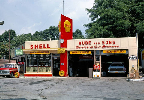 Historic Photo : 1976 Rube & Sons Shell gas station, front view, Route 9, Poughkeepsie, New York | Margolies | Roadside America Collection | Vintage Wall Art :