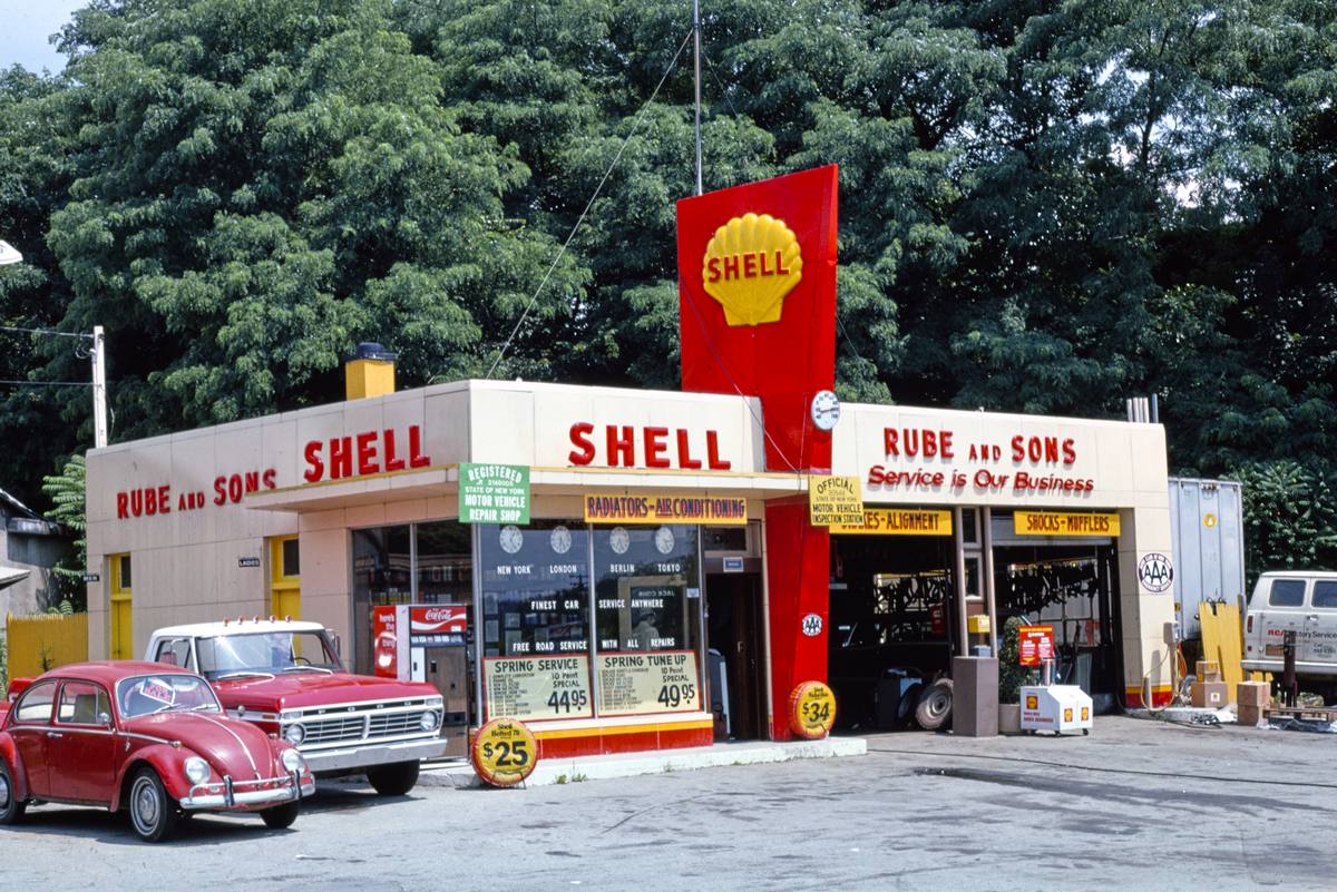 Historic Photo : 1976 Rube & Sons Shell gas station, front view, Route 9,  Kingston, New York | Margolies | Roadside America Collection | Vintage Wall