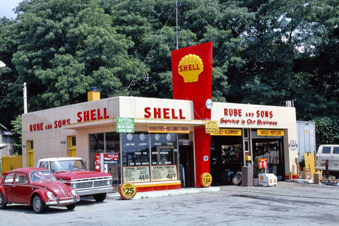 Historic Photo : 1976 Rube & Sons Shell gas station, front view, Route 9, Kingston, New York | Margolies | Roadside America Collection | Vintage Wall Art :
