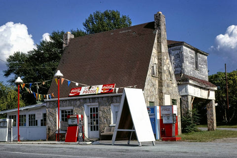 Historic Photo : 1979 Stone gas station, diagonal view, Route 93, Liberty, South Carolina | Margolies | Roadside America Collection | Vintage Wall Art :