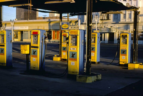 Historic Photo : 1977 Golden Eagle gas pumps, 8th & Market Streets, San Diego, California | Margolies | Roadside America Collection | Vintage Wall Art :