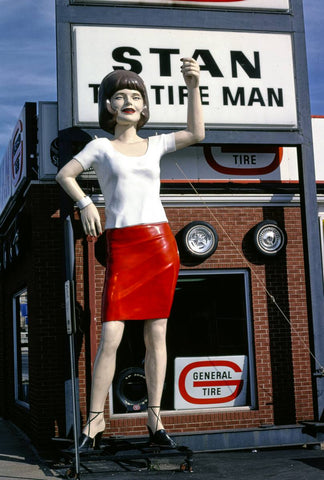 Historic Photo : 1988 Stan The Tire Man statue, angle shot, Broadway, Mount Vernon, Illinois | Margolies | Roadside America Collection | Vintage Wall Art :