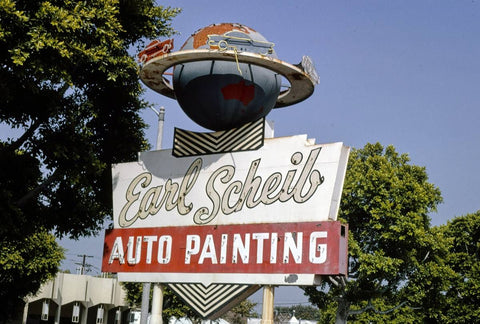 Historic Photo : 1991 Earl Schieb Auto Painting sign, upper detail, Olympic Boulevard, Beverly Hills, California | Photo by: John Margolies |