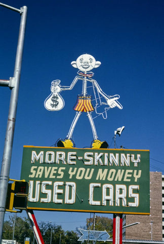 Historic Photo : 1991 More Skinny Used Car sign, Santa Fe Avenue, Pueblo, Colorado | Margolies | Roadside America Collection | Vintage Wall Art :