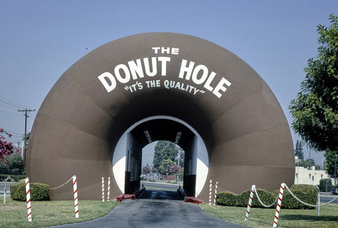 Historic Photo : 1991 The Donut Hole, straight-on view, no cars, Amar Road, La Puente, California | Margolies | Roadside America Collection | Vintage Wall Art :