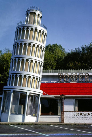 Historic Photo : 1978 Tower of Pizza, vertical view, Route 22, Green Brook, New Jersey | Margolies | Roadside America Collection | Vintage Wall Art :