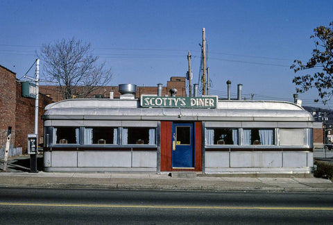 Historic Photo : 1989 Scotty's Diner (1942), side view, Route 30, Wilkinsburg, Pennsylvania | Margolies | Roadside America Collection | Vintage Wall Art :
