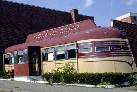 Historic Photo : 1978 Modern Diner, diagonal front detail, Dexter Avenue, Pawtucket, Rhode Island | Margolies | Roadside America Collection | Vintage Wall Art :