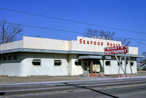 Historic Photo : 1979 Sammy's Seafood House, Route 90, Lake Charles, Louisiana | Margolies | Roadside America Collection | Vintage Wall Art :