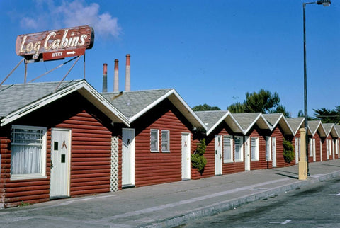 Historic Photo : 1985 Log Cabin Motel, closer front view, 830 Market Street, Morro Bay, California | Margolies | Roadside America Collection | Vintage Wall Art :