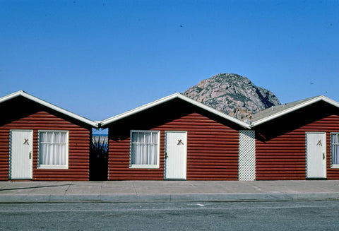Historic Photo : 1985 Log Cabin Motel, diagonal view, 830 Market Street, Morro Bay, California | Margolies | Roadside America Collection | Vintage Wall Art :