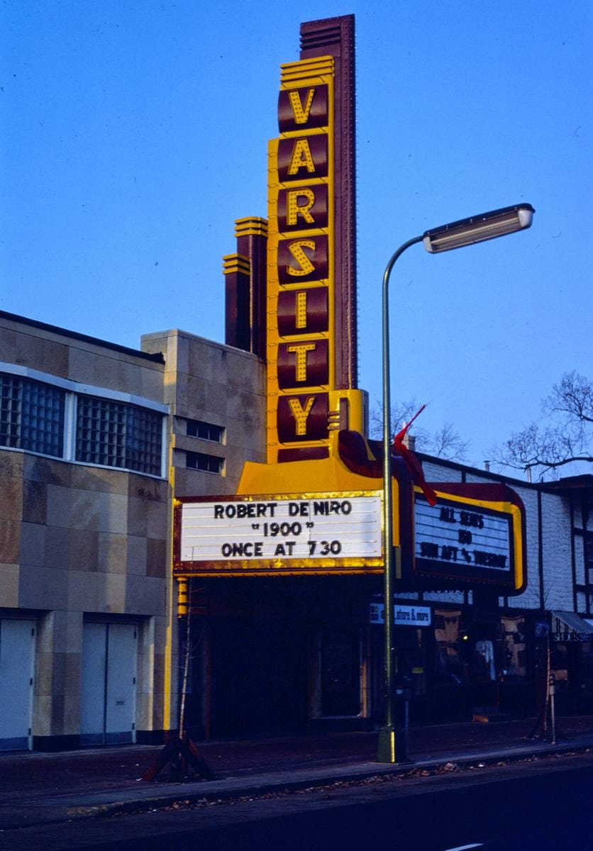 Historic Photo : 1981 Varsity Theater, vertical, 1308 S. 4th Street, Dinkeytown, Minneapolis, Minnesota | Margolies | Roadside America Collection | Vintage Wall Art :