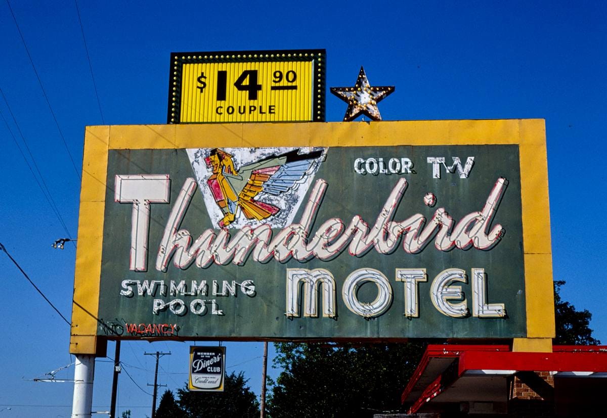 Historic Photo : 1982 Thunderbird Motel sign, Routes 77 & 81, Waco, Texas | Margolies | Roadside America Collection | Vintage Wall Art :