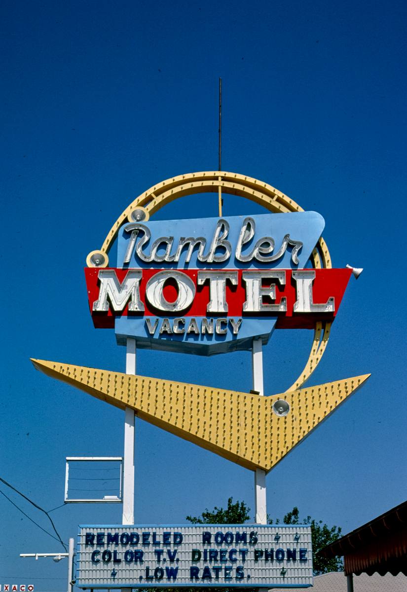 Historic Photo : 1982 Rambler Motel sign, Route 66, Shamrock, Texas | Margolies | Roadside America Collection | Vintage Wall Art :