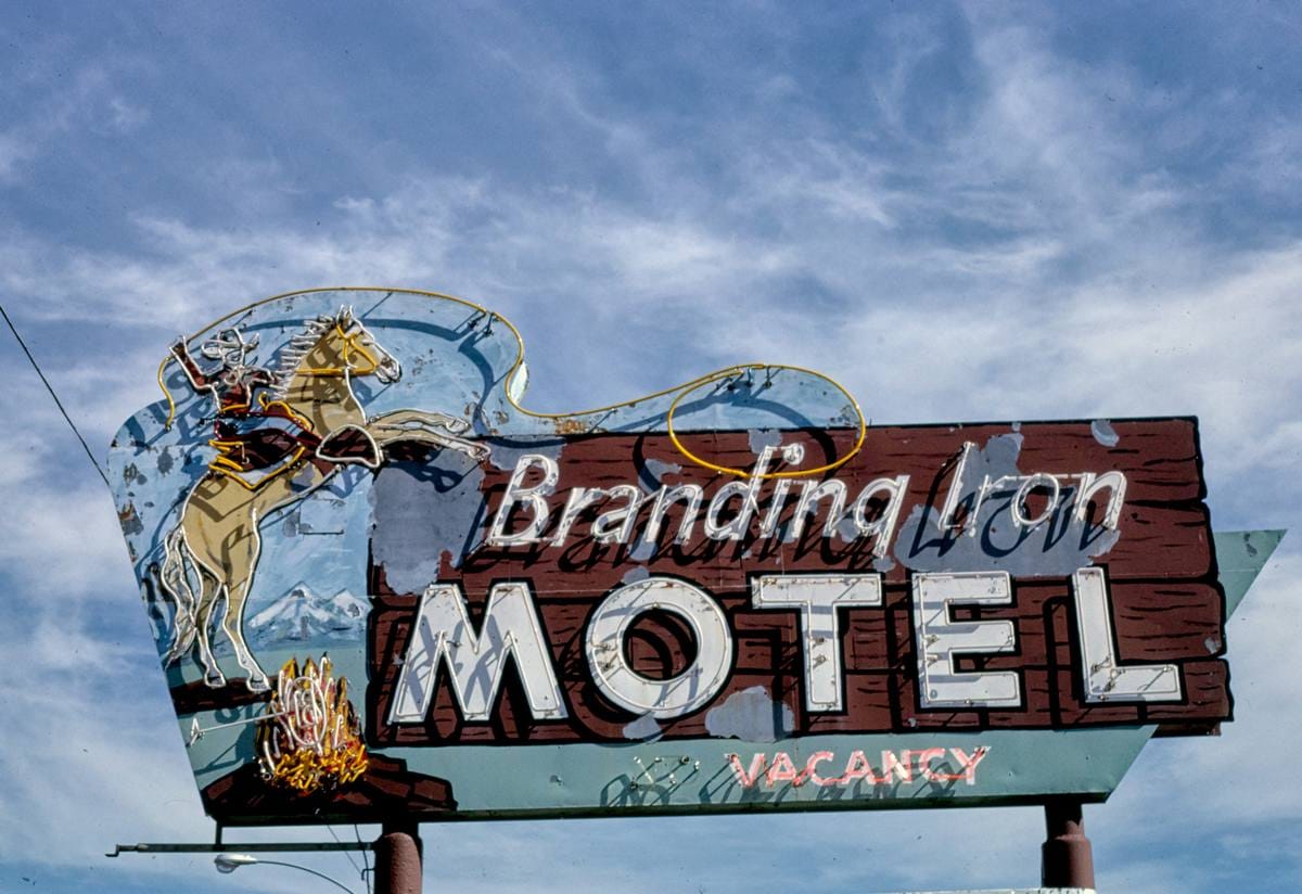 Historic Photo : 1987 Branding Iron Motel sign, B-40 (Route 66), Flagstaff, Arizona | Margolies | Roadside America Collection | Vintage Wall Art :